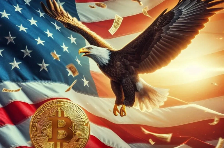 An-American-flag-and-an-eagle-with-Bitcoin-in-front-of-it